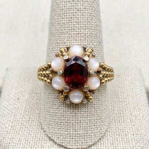 Vintage Gold Garnet & Opal Halo Cluster Ring by Avon